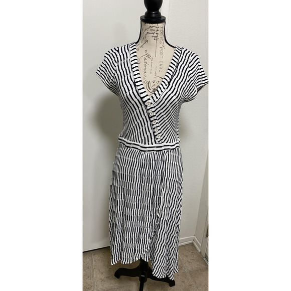 Maeve Dress Womens Medium Navy White Striped Button Front Short Sleeve Pocket - Picture 1 of 12